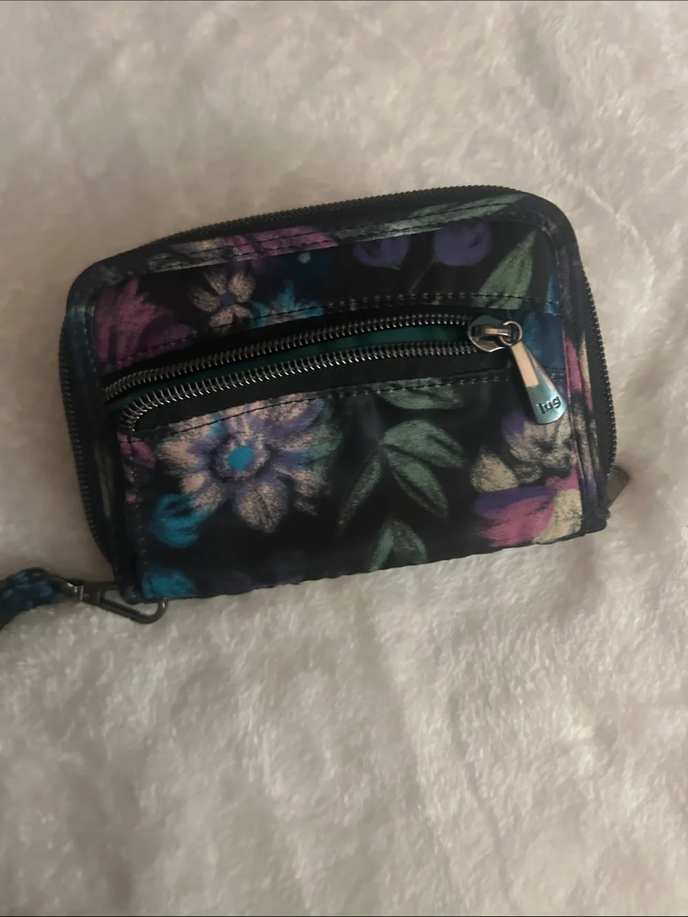 lug Quilted Floral Wristlet in Black with Multicolor Floral Accents